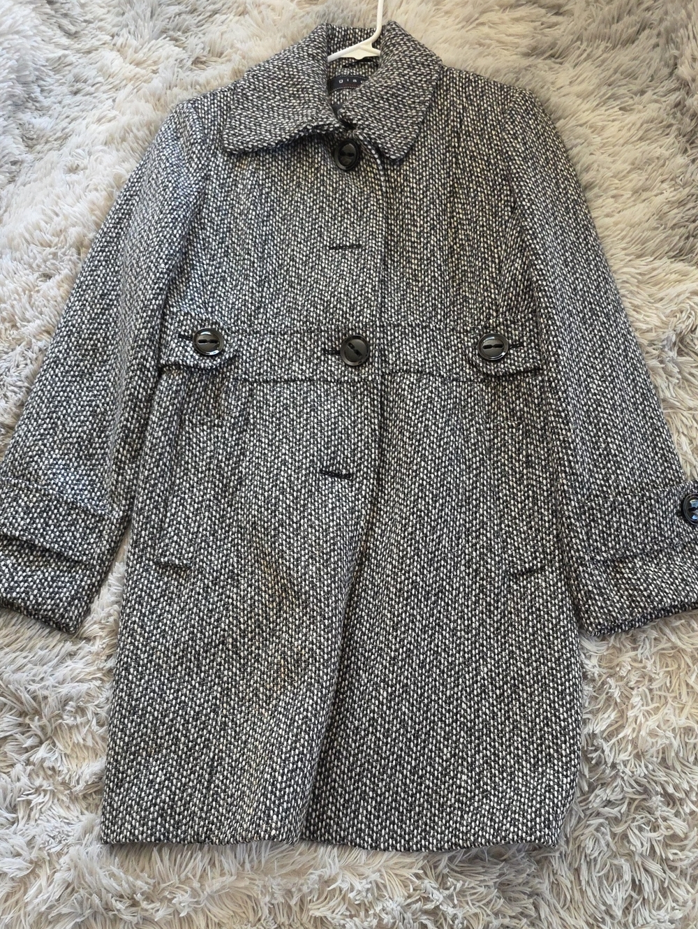 giacca Black and White Tweed Peacoat with Button Front